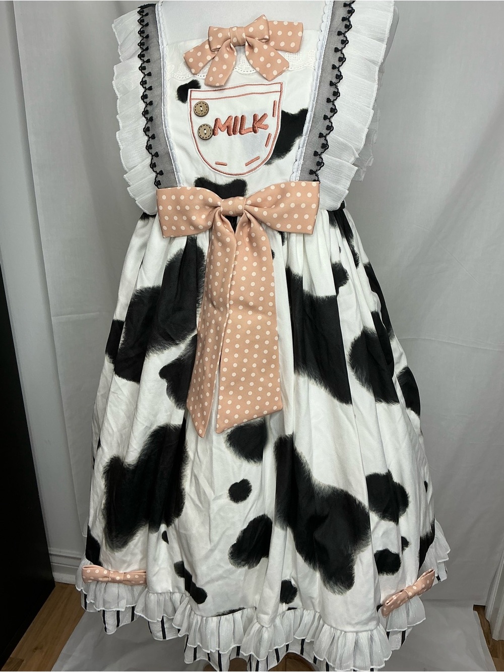 2197 - Lolita Black and White Cowspot Pinafore Dress with Ruffle Trim